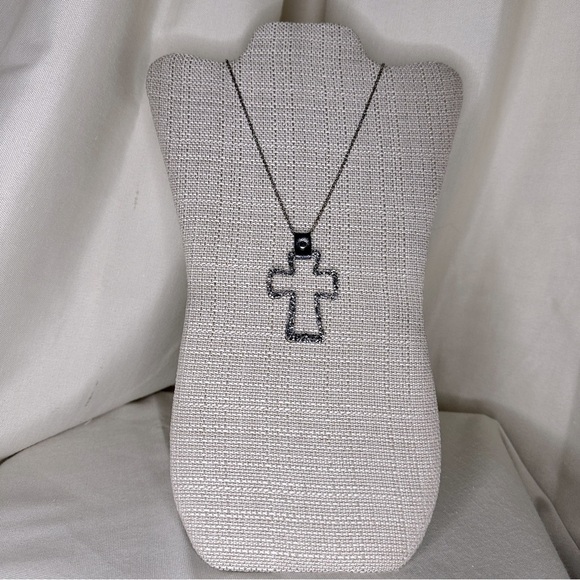 Cross Open-cut Gunmetal Pendant accented with Rhinestone Necklace. Boho Casual - Picture 1 of 6